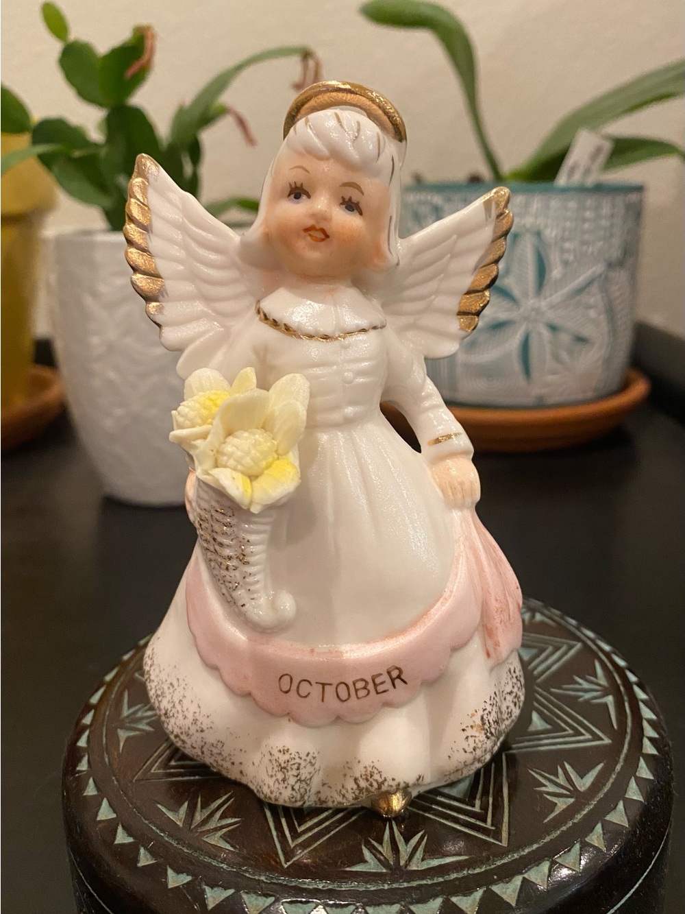 Vintage Birthday Angel October Figurine Japan Yellow Flowers MCM Grandmacore